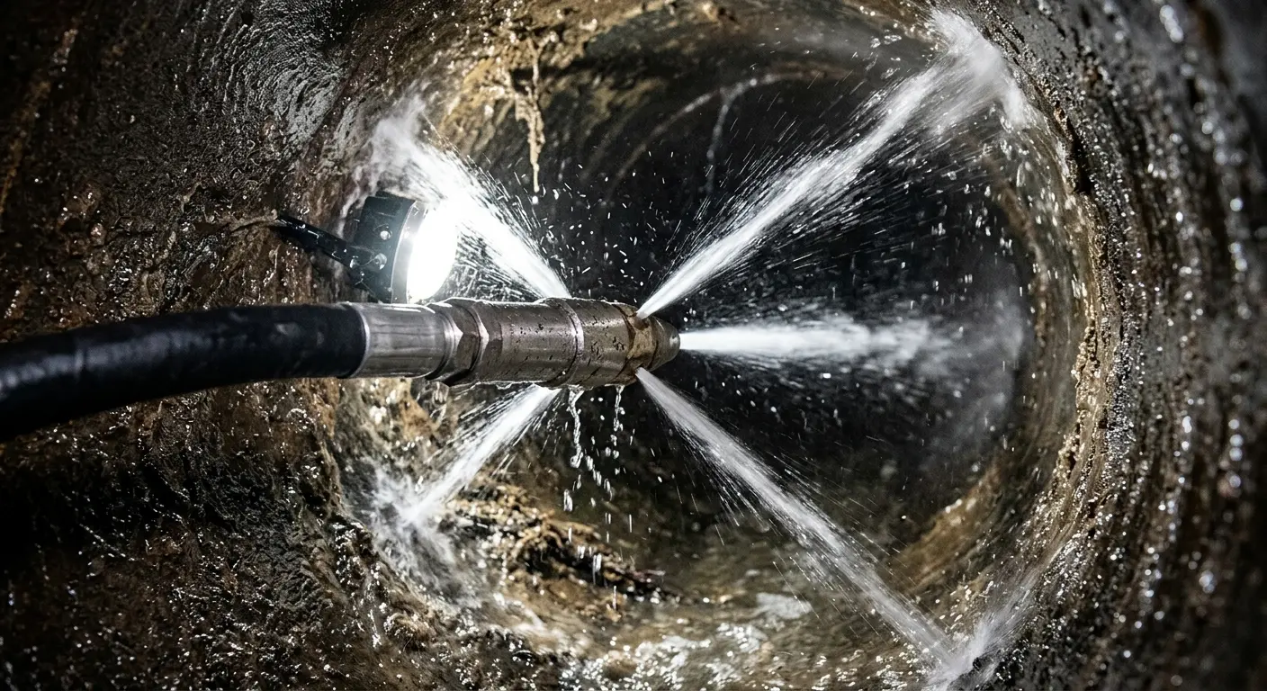 High-pressure hydro jetting nozzle cleaning sewer pipe for Emergency Drain Service in Short Pump