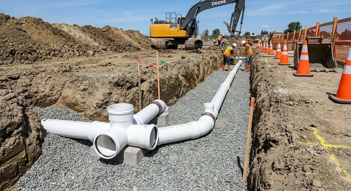 New PVC sewer pipe installation in open trench for Commercial Drain Cleaning in Short Pump