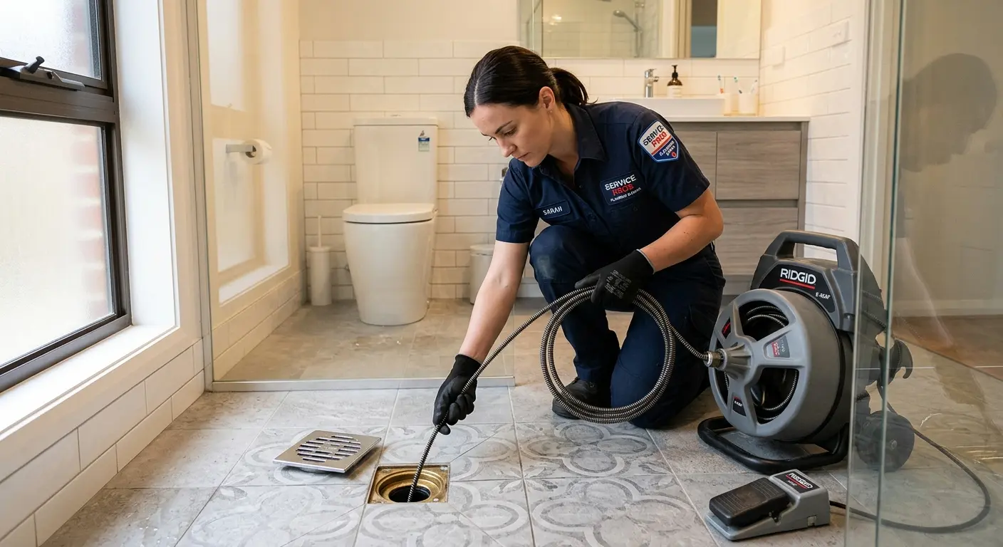 Technician clearing a bathroom floor drain for Sewer Line Replacement in Short Pump